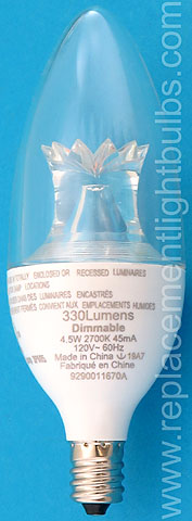 Philips 4.5B12/LED/827-22/E12/DIM 120V 4.5W 2700K 330 Lumens E12 Candelabra Screw Base Candle Light Bulb